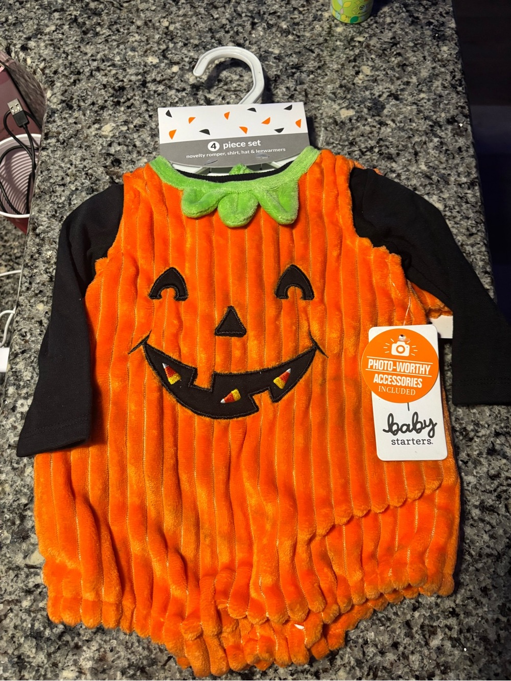 Baby Starters Orange Pumpkin Romper with Black Sleeves and Green Collar
